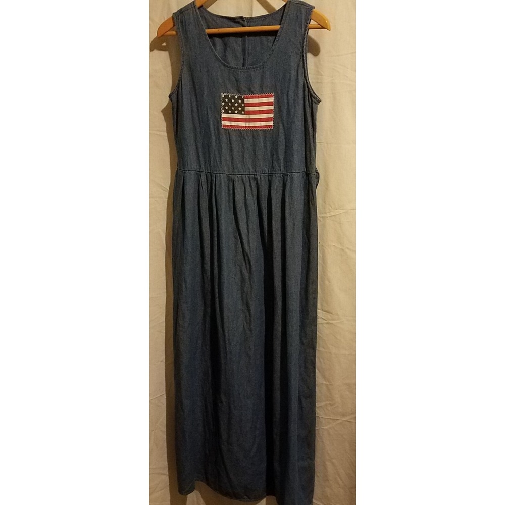 Mountain Lake VTG Dress Womens Size Small Flag USA Casual Denim Blue Maxi NWT